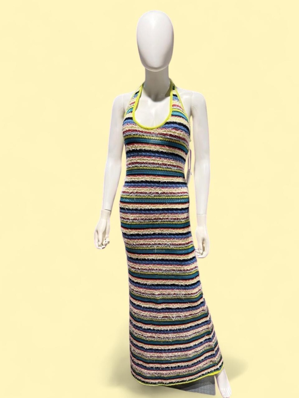 STAUD Multicolor Striped Halter Maxi Dress with Lime Trim